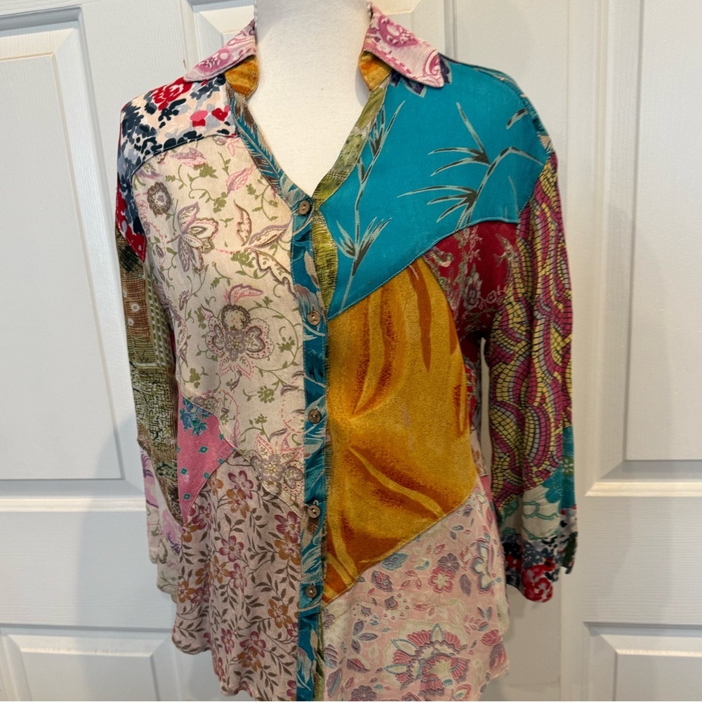 Sacred Threads Patchwork Boho Button Up Blouse Artsy Festival Top Size S - Picture 2 of 9